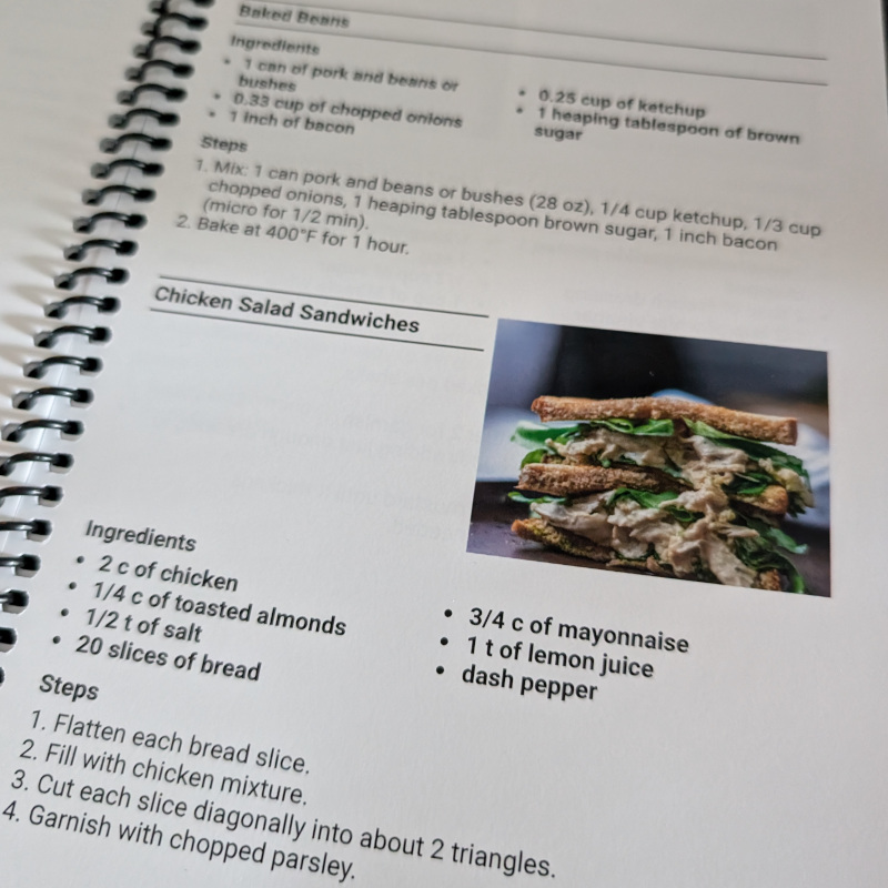 Printed fundraiser cookbook interior sample pages